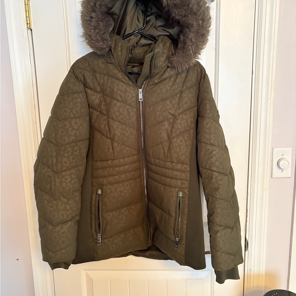 Michael Kors Olive Quilted Jacket with Faux Fur Trim